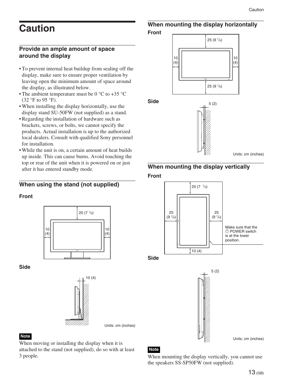 Caution, Caution (gb), When mounting the display horizontally | When mounting the display vertically, When using the stand (not supplied), Front side | Sony FWD-50PX2 User Manual | Page 63 / 352