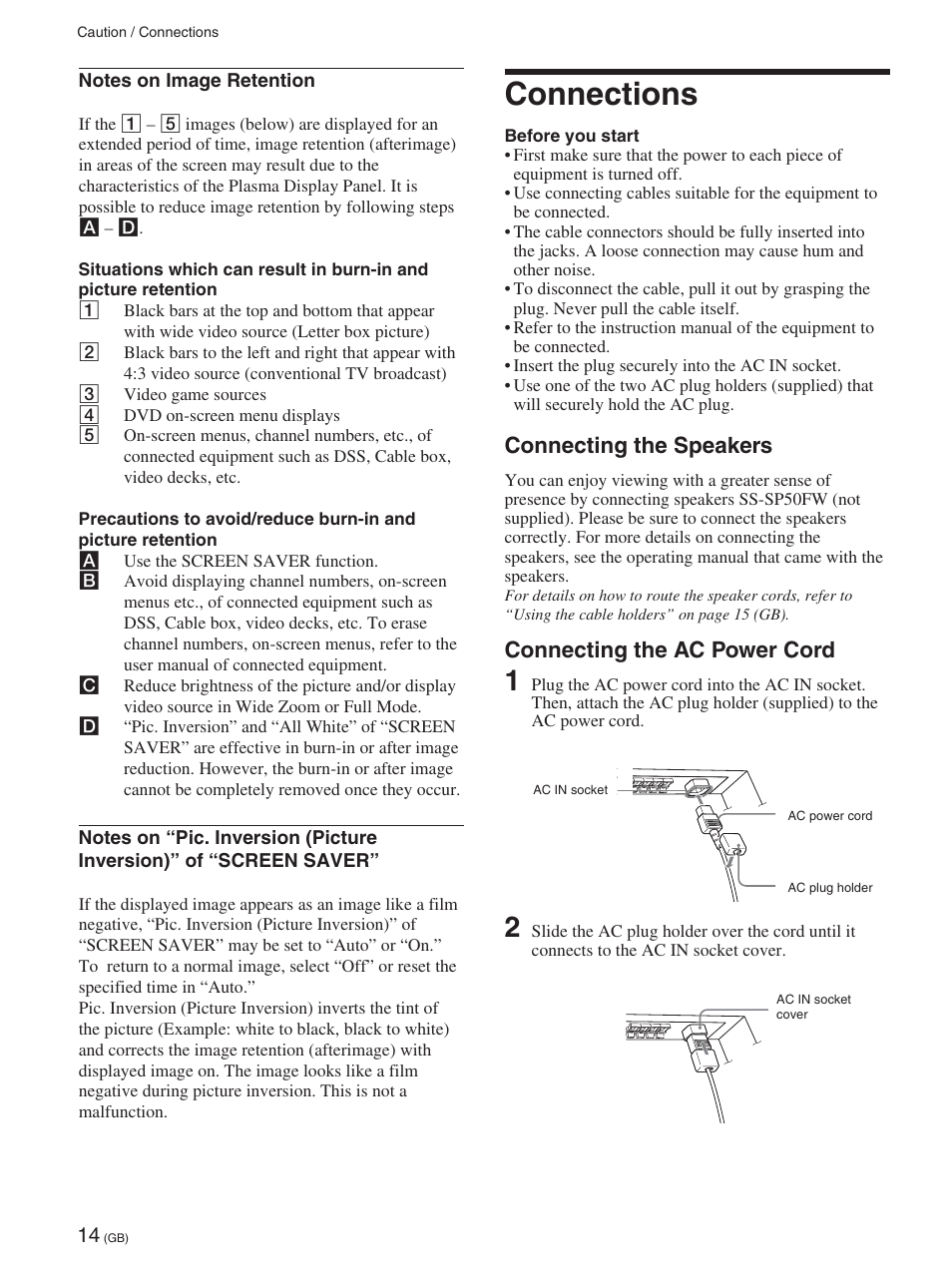 Connections, Connecting the speakers, Connecting the ac power cord | Connections (gb), Connecting the speakers (gb), Connecting the ac power cord (gb) | Sony FWD-50PX2 User Manual | Page 64 / 352