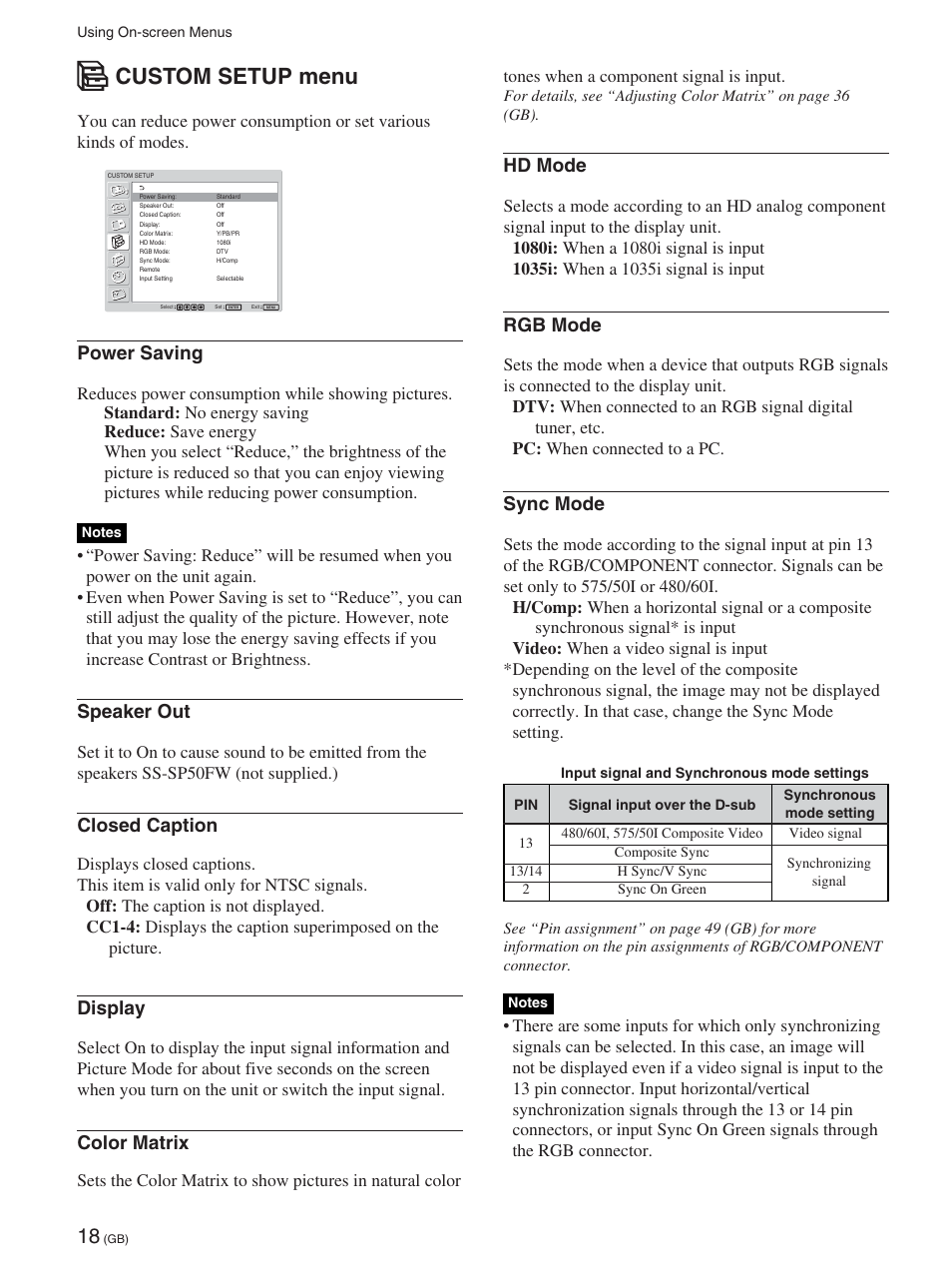 Custom setup menu, Hd mode, Rgb mode | Sync mode, Power saving, Speaker out, Closed caption, Display, Color matrix, Tones when a component signal is input | Sony FWD-50PX2 User Manual | Page 68 / 352