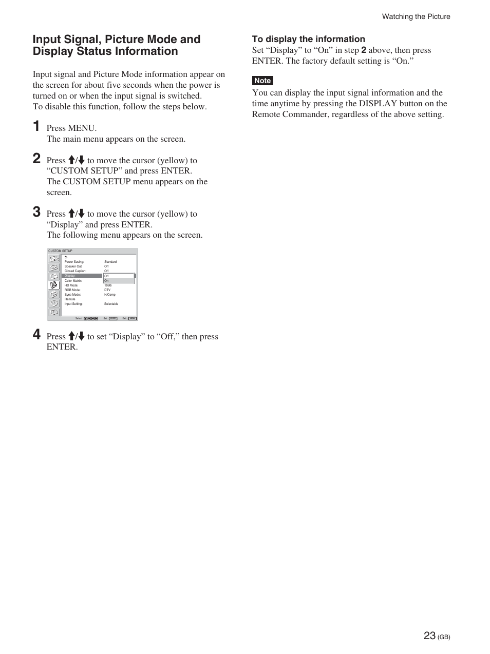 Input signal, picture mode and display status, Information (gb), Press menu. the main menu appears on the screen | Sony FWD-50PX2 User Manual | Page 73 / 352