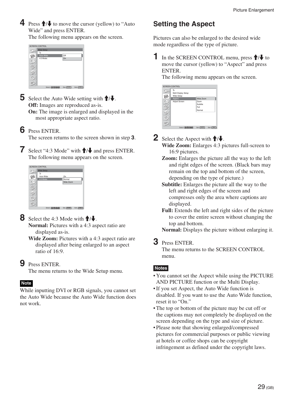 Setting the aspect, Setting the aspect (gb) | Sony FWD-50PX2 User Manual | Page 79 / 352