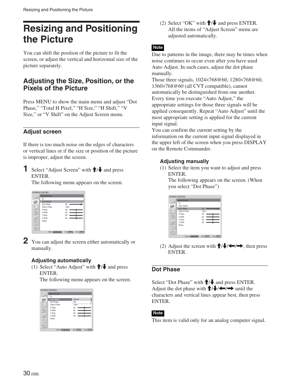 Resizing and positioning the picture, Resizing and positioning the picture (gb), Adjusting the size, position, or the pixels of the | Picture (gb), Dot phase, Adjust screen | Sony FWD-50PX2 User Manual | Page 80 / 352