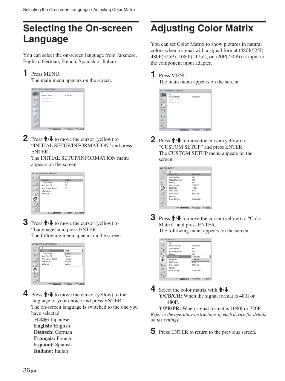 Selecting the on-screen language, Adjusting color matrix, Selecting the on-screen language (gb) | Adjusting color matrix (gb), Press menu. the main menu appears on the screen, Press enter to return to the previous screen | Sony FWD-50PX2 User Manual | Page 86 / 352