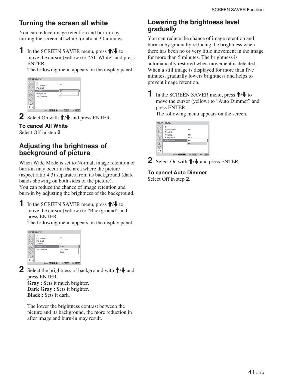 Turning the screen all white, Adjusting the brightness of background of picture, Lowering the brightness level gradually | Turning the screen all white (gb), Adjusting the brightness of background, Of picture (gb), Lowering the brightness level gradually (gb) | Sony FWD-50PX2 User Manual | Page 91 / 352