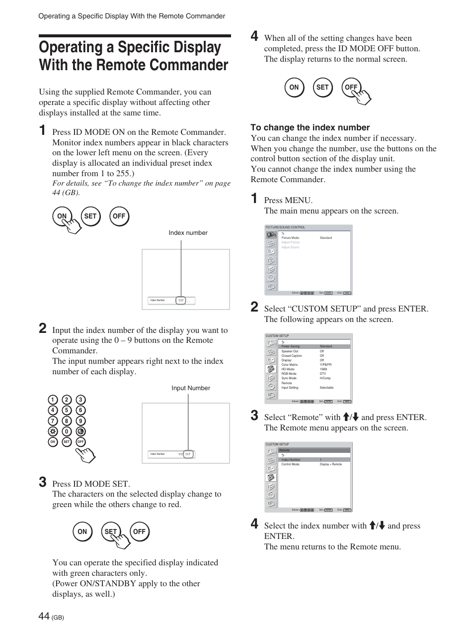 Operating a specific display with the remote, Commander (gb), Press menu. the main menu appears on the screen | Sony FWD-50PX2 User Manual | Page 94 / 352