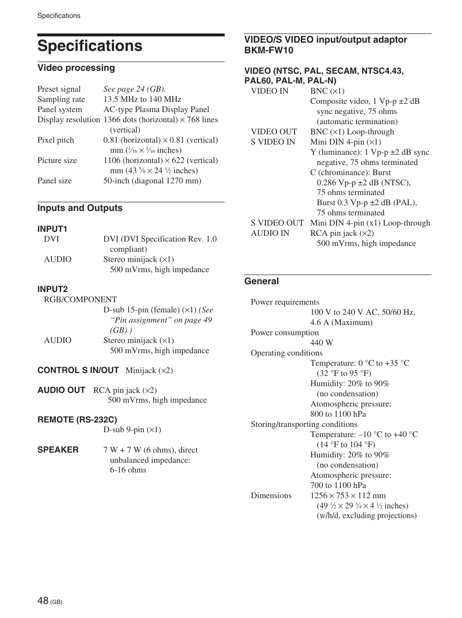 Specifications, Specifications (gb) | Sony FWD-50PX2 User Manual | Page 98 / 352