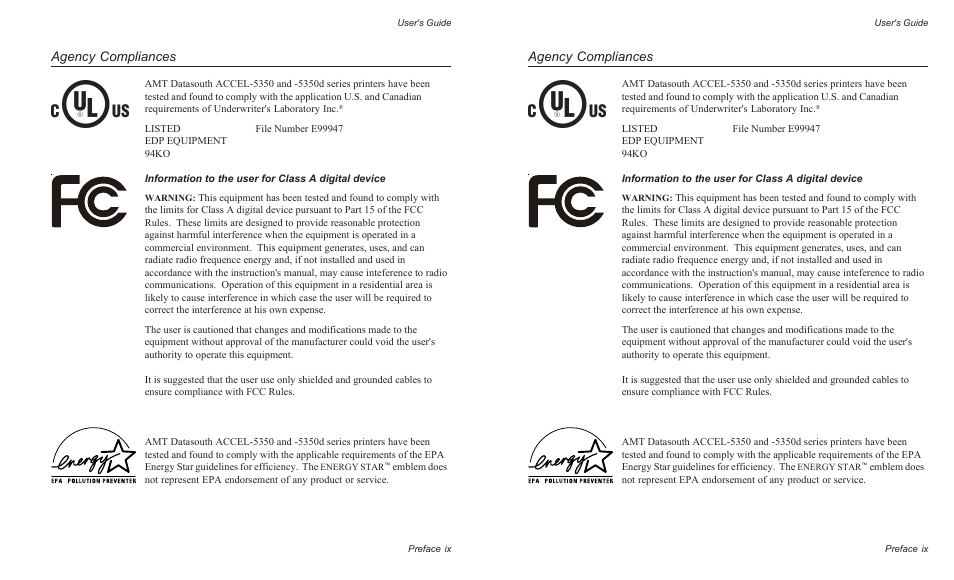 Agency compliances | AMT Datasouth AMTACCEL-5350 User Manual | Page 11 / 255