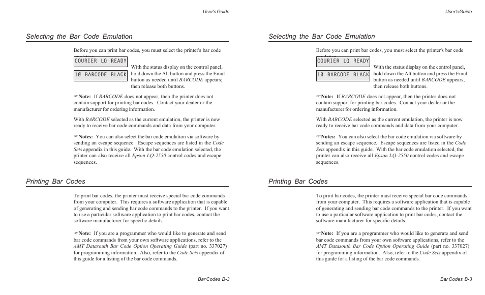 Selecting the bar code emulation, Printing bar codes | AMT Datasouth AMTACCEL-5350 User Manual | Page 161 / 255