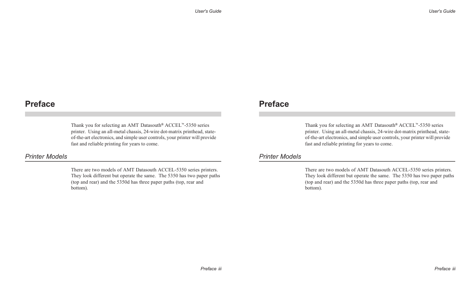 Preface, Printer models | AMT Datasouth AMTACCEL-5350 User Manual | Page 5 / 255