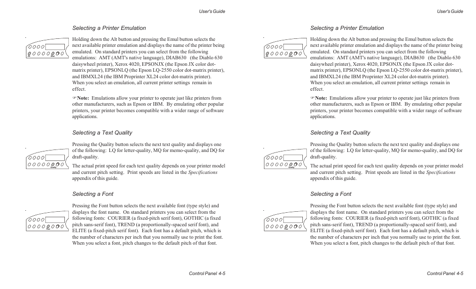Selecting a printer emulation, Selecting a text quality, Selecting a font | AMT Datasouth AMTACCEL-5350 User Manual | Page 67 / 255