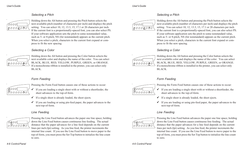 Selecting a pitch, Selecting a color, Form feeding | Line feeding | AMT Datasouth AMTACCEL-5350 User Manual | Page 68 / 255
