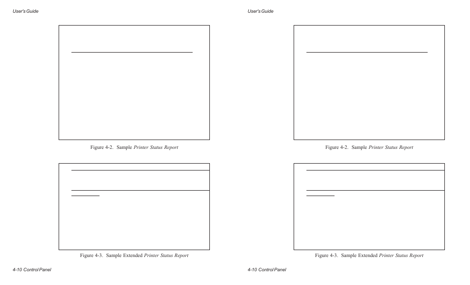 Figure 4-2. sample printer status report, Figure 4-3. sample extended printer status report, User's guide 4-10 control panel | AMT Datasouth AMTACCEL-5350 User Manual | Page 72 / 255