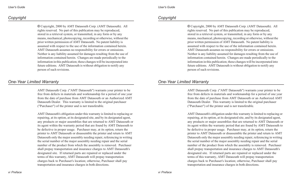 Copyright, One-year limited warranty | AMT Datasouth AMTACCEL-5350 User Manual | Page 8 / 255