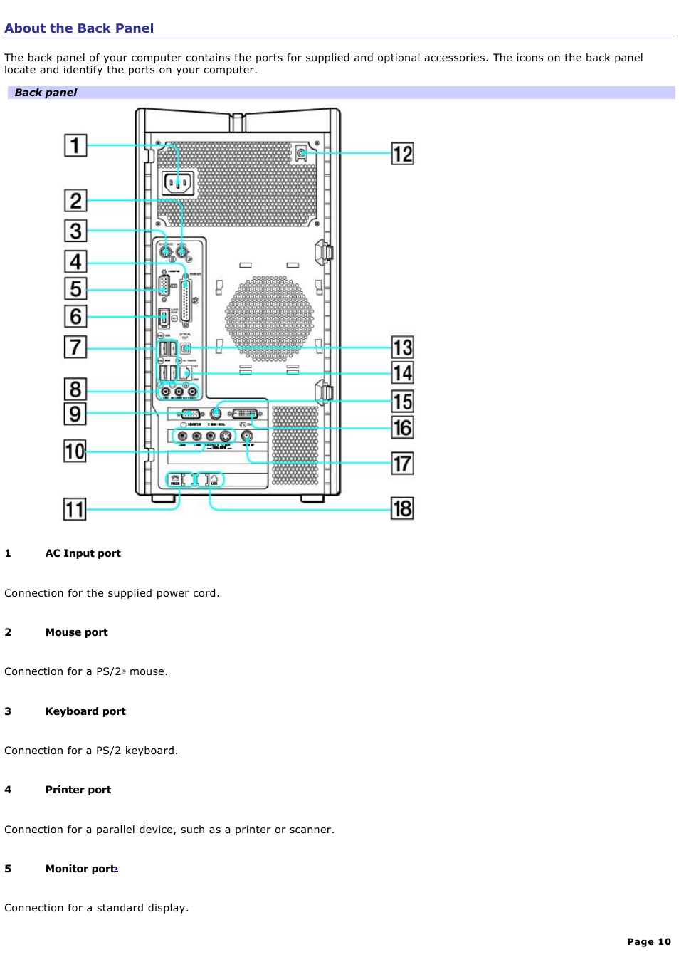 About the back panel | Sony PCV-RZ32G User Manual | Page 10 / 223