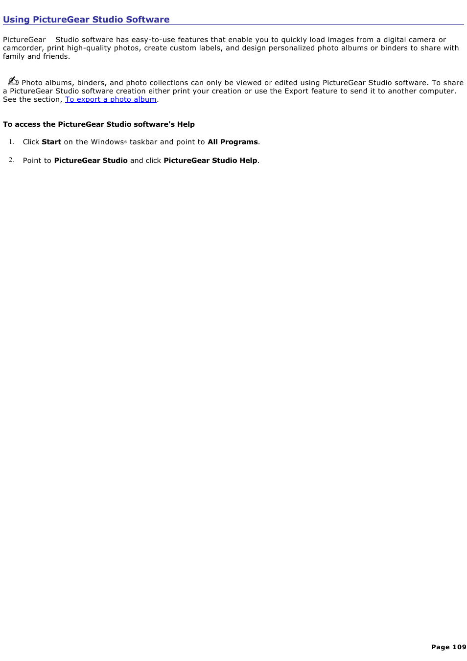 Using picturegear studio software | Sony PCV-RZ32G User Manual | Page 109 / 223