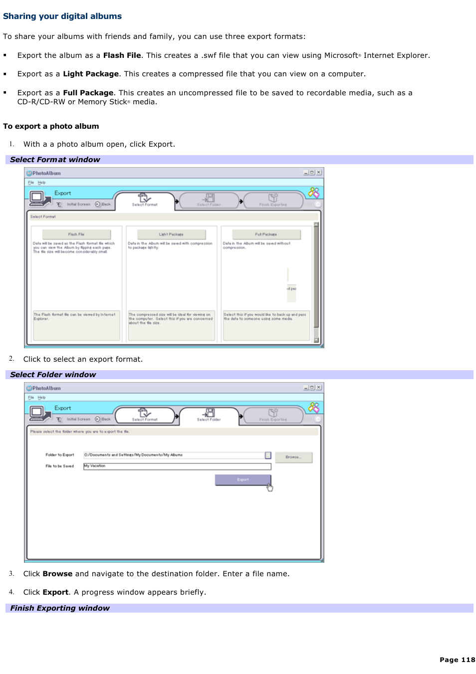 Sharing your digital albums | Sony PCV-RZ32G User Manual | Page 118 / 223