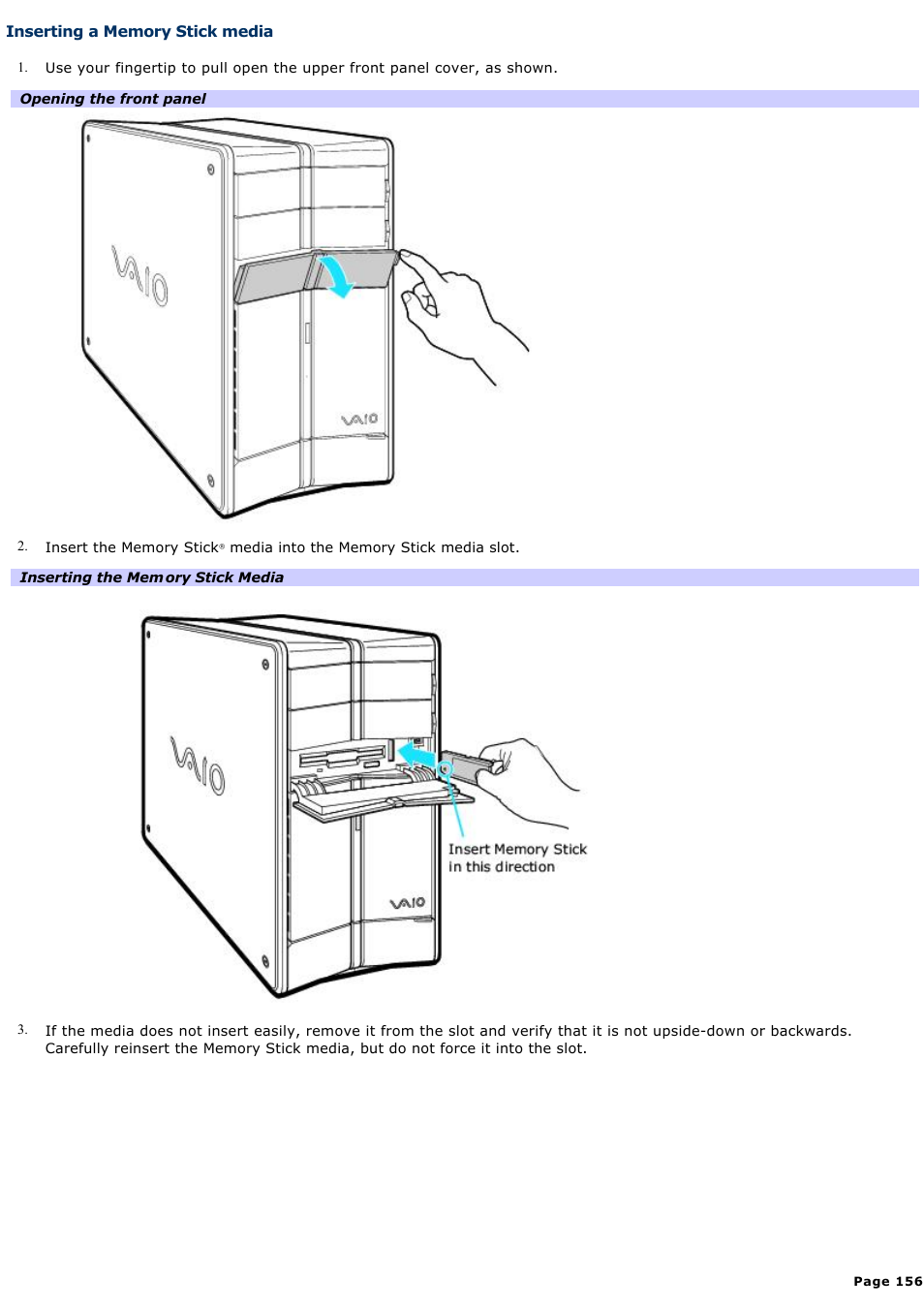 Inserting a memory stick media | Sony PCV-RZ32G User Manual | Page 156 / 223