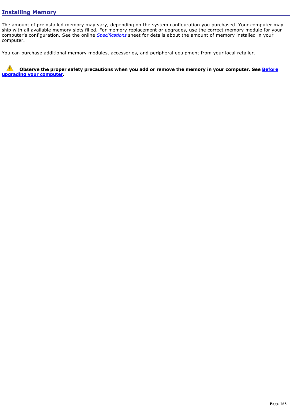 Installing memory | Sony PCV-RZ32G User Manual | Page 168 / 223