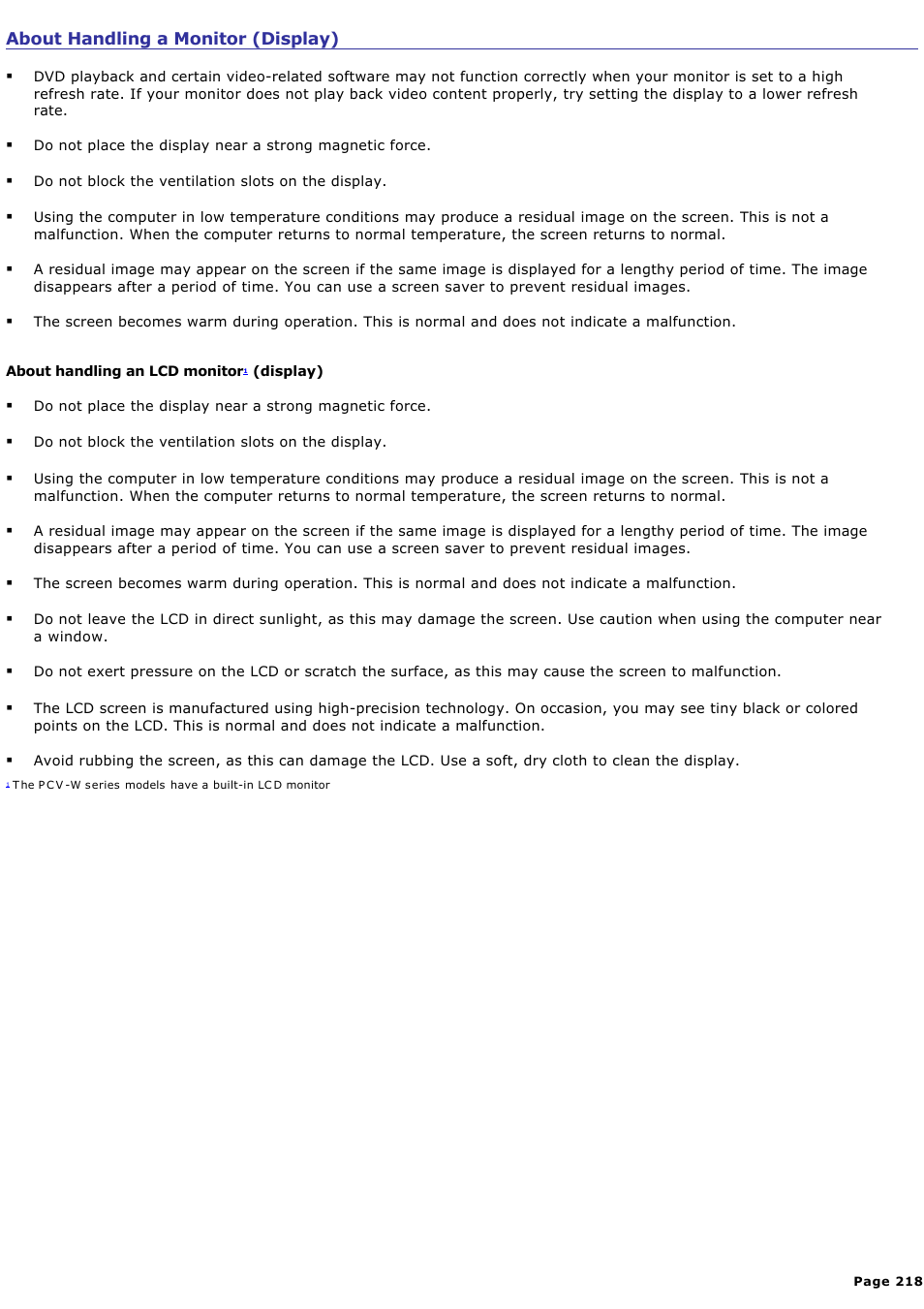 About handling a monitor (display) | Sony PCV-RZ32G User Manual | Page 218 / 223