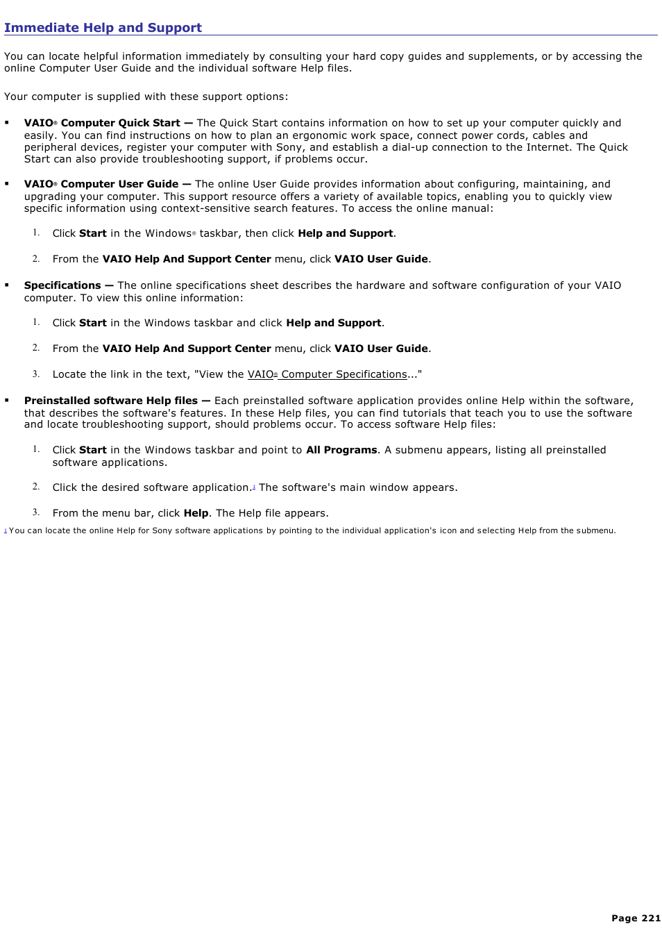 Immediate help and support | Sony PCV-RZ32G User Manual | Page 221 / 223