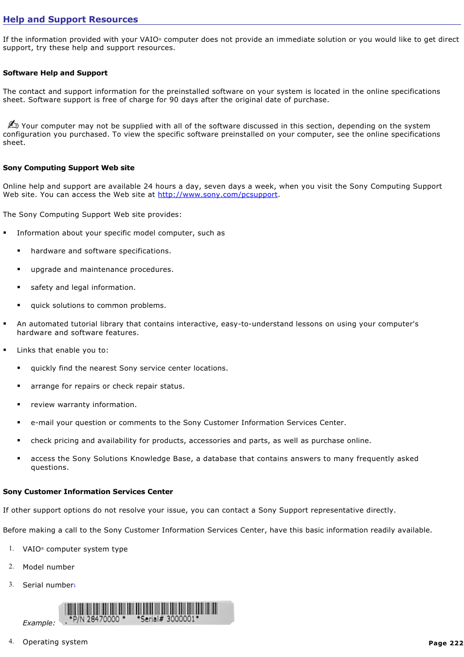 Help and support resources | Sony PCV-RZ32G User Manual | Page 222 / 223