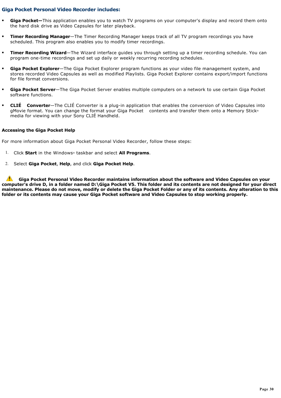 Giga pocket personal video recorder includes | Sony PCV-RZ32G User Manual | Page 30 / 223