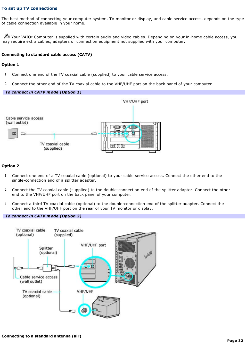 To set up tv connections | Sony PCV-RZ32G User Manual | Page 32 / 223
