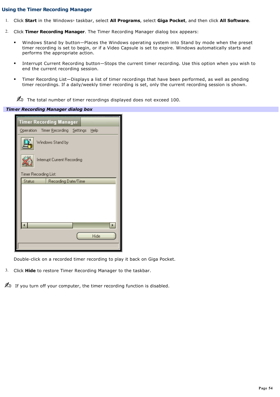 Using the timer recording manager | Sony PCV-RZ32G User Manual | Page 54 / 223
