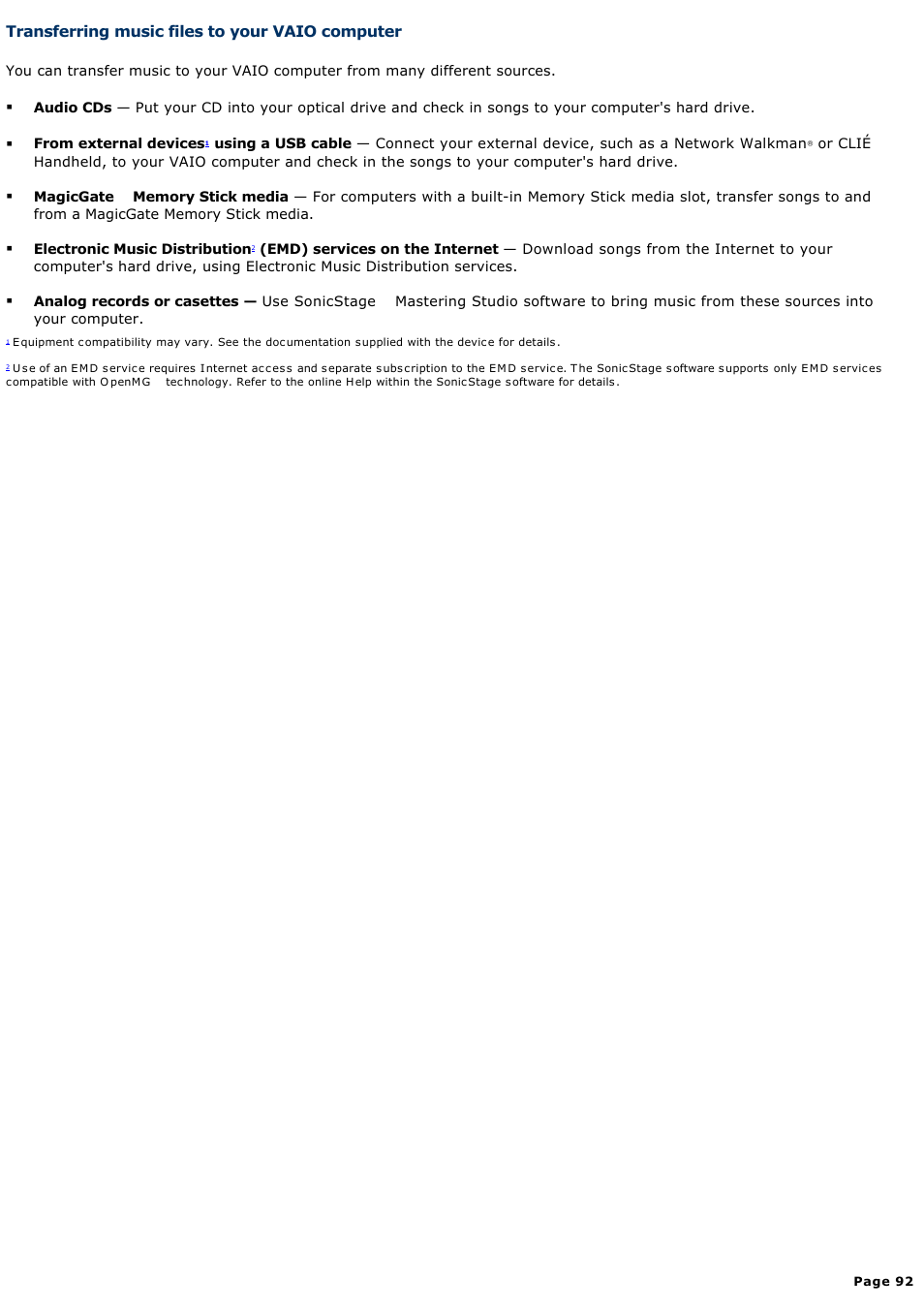 Transferring music files to your vaio computer | Sony PCV-RZ32G User Manual | Page 92 / 223