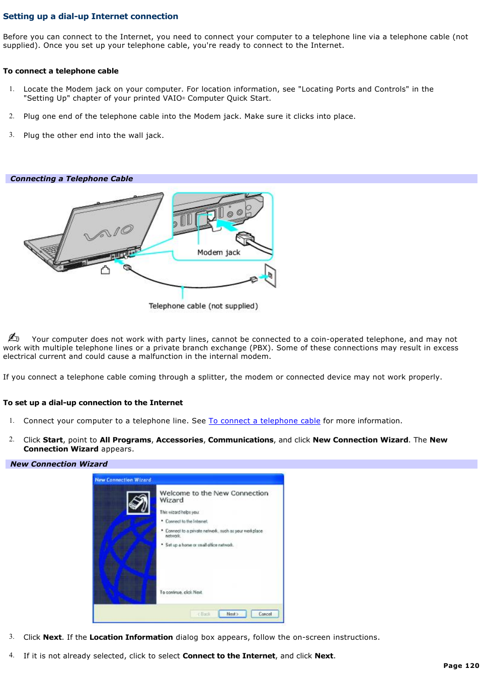 Setting up a dial-up internet connection | Sony PCG-GRT360ZG User Manual | Page 120 / 277