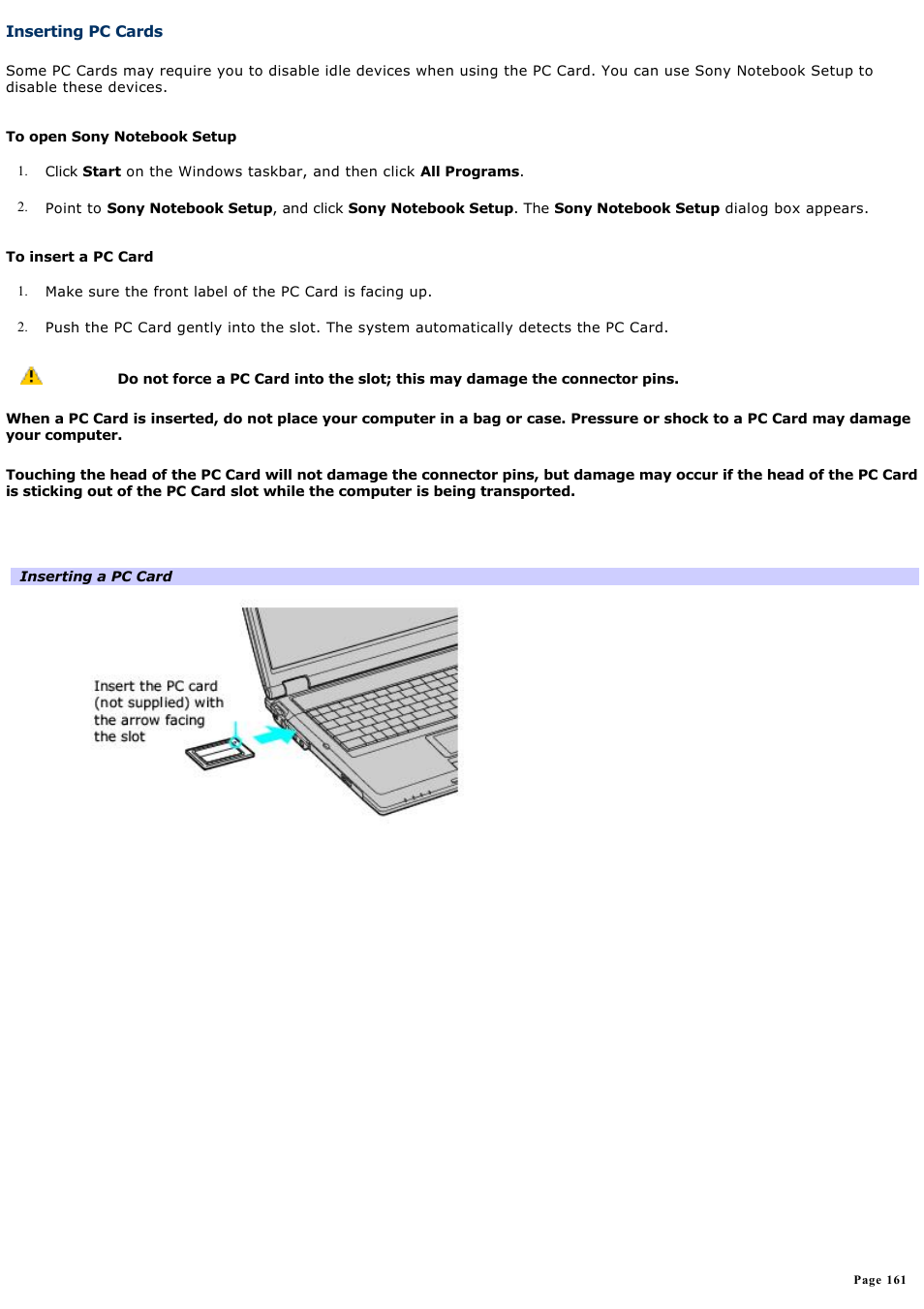 Inserting pc cards | Sony PCG-GRT360ZG User Manual | Page 161 / 277