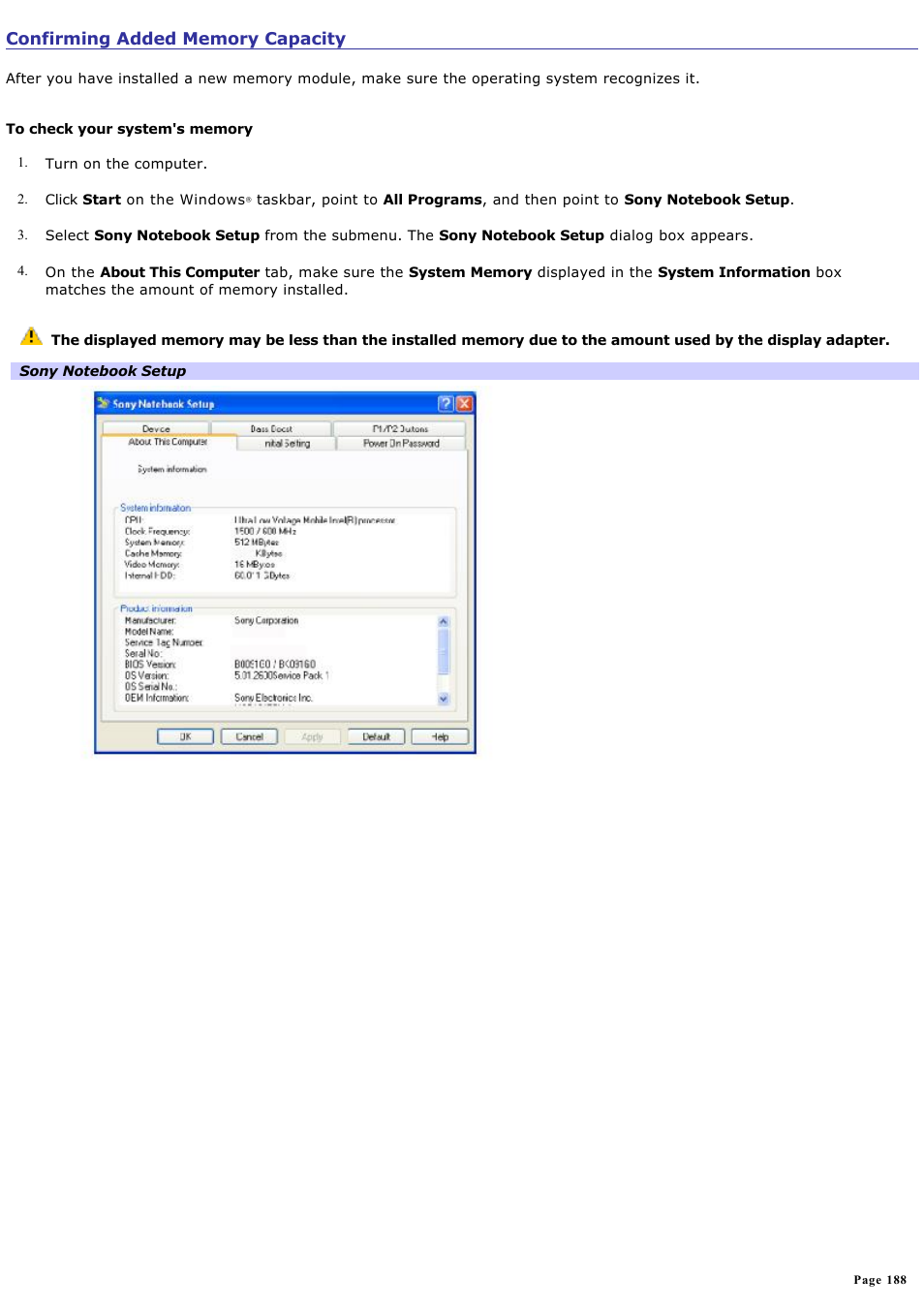 Confirming added memory capacity | Sony PCG-GRT360ZG User Manual | Page 188 / 277