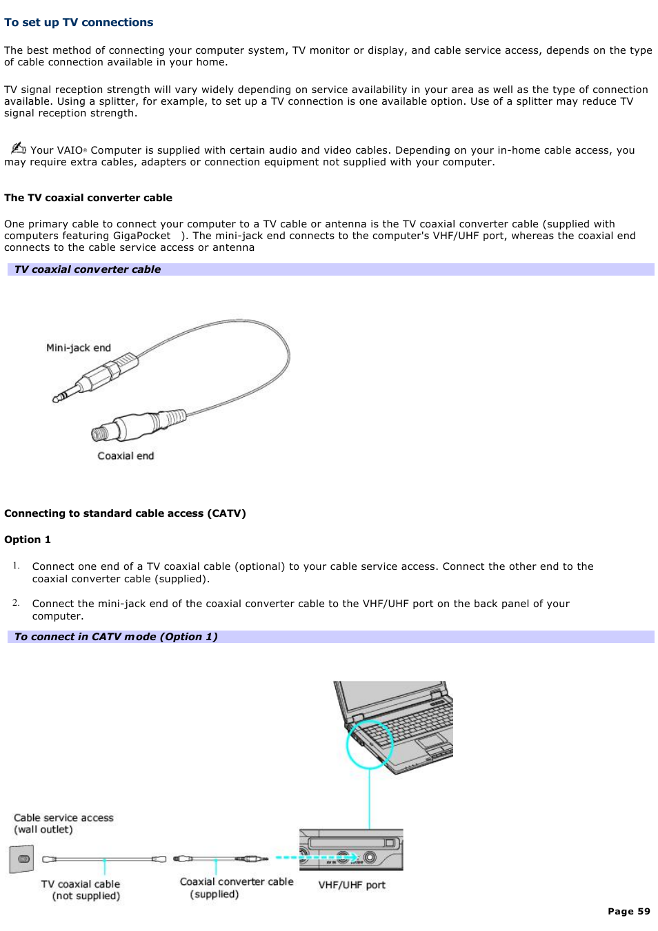 To set up tv connections | Sony PCG-GRT360ZG User Manual | Page 59 / 277