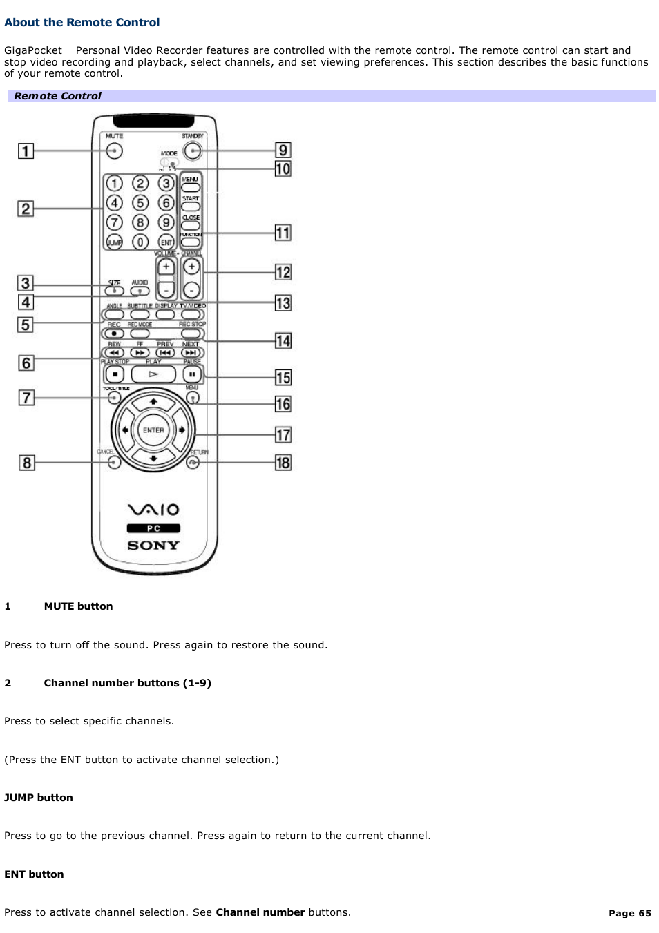 About the remote control | Sony PCG-GRT360ZG User Manual | Page 65 / 277