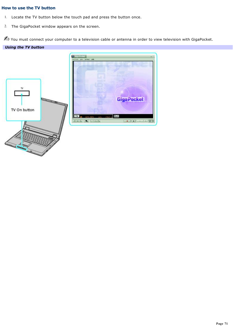 How to use the tv button | Sony PCG-GRT360ZG User Manual | Page 71 / 277