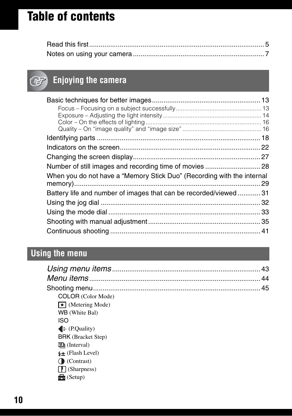 Sony DSC-H2 User Manual | Page 10 / 123