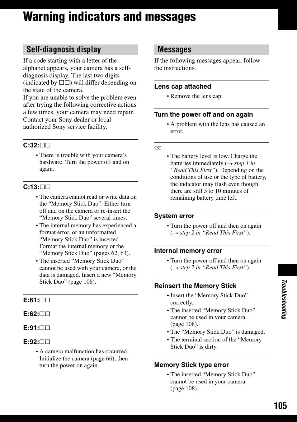 Warning indicators and messages, Self-diagnosis display messages | Sony DSC-H2 User Manual | Page 105 / 123