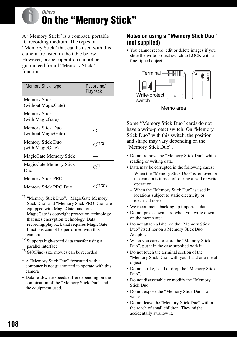 Others, On the “memory stick, K duo”, see | Sony DSC-H2 User Manual | Page 108 / 123