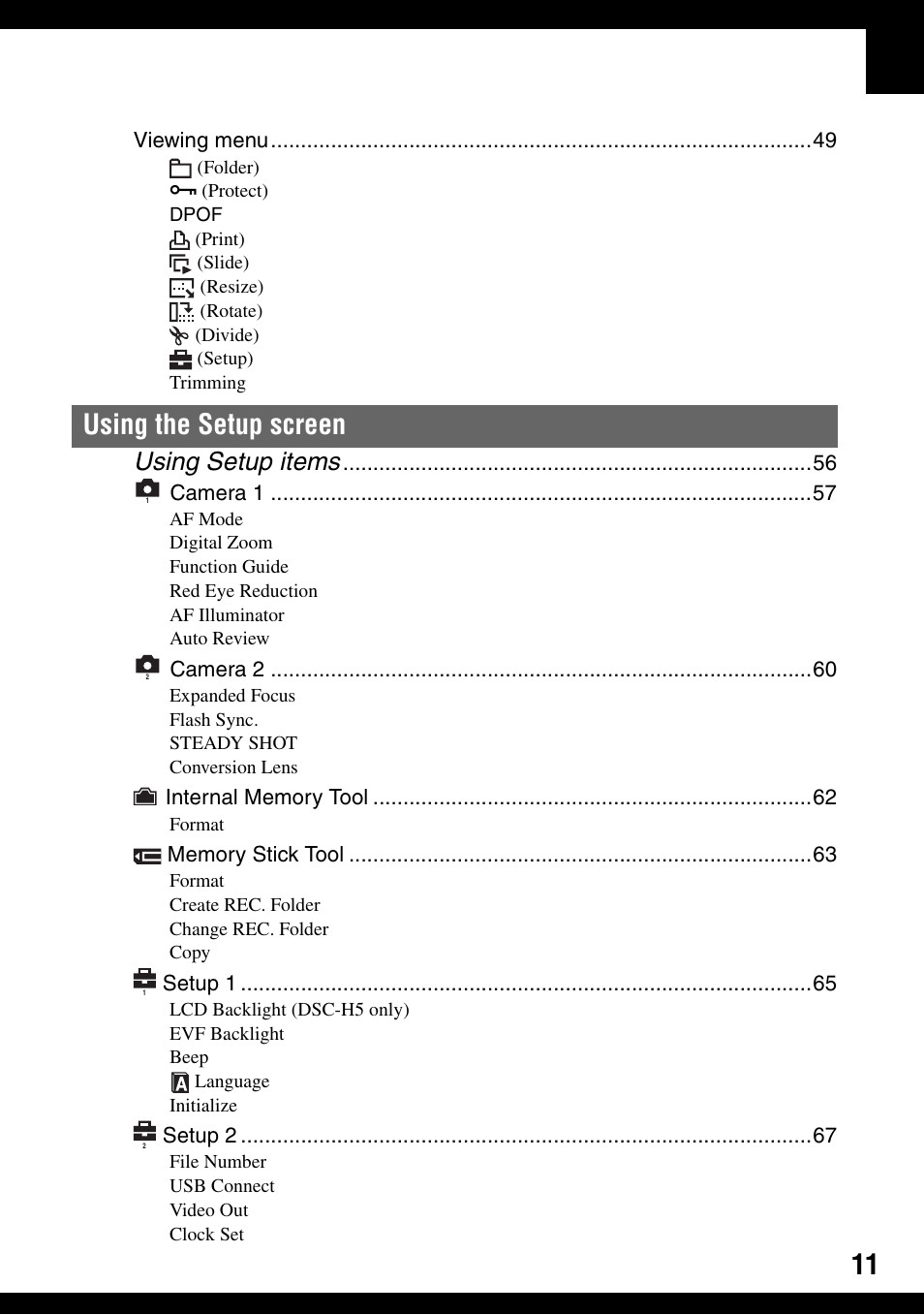 Using the setup screen, Using setup items | Sony DSC-H2 User Manual | Page 11 / 123