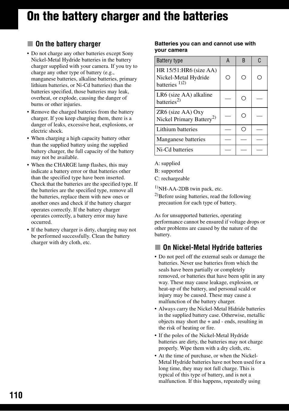 On the battery charger and the batteries, Xon the battery charger, Xon nickel-metal hydride batteries | Sony DSC-H2 User Manual | Page 110 / 123