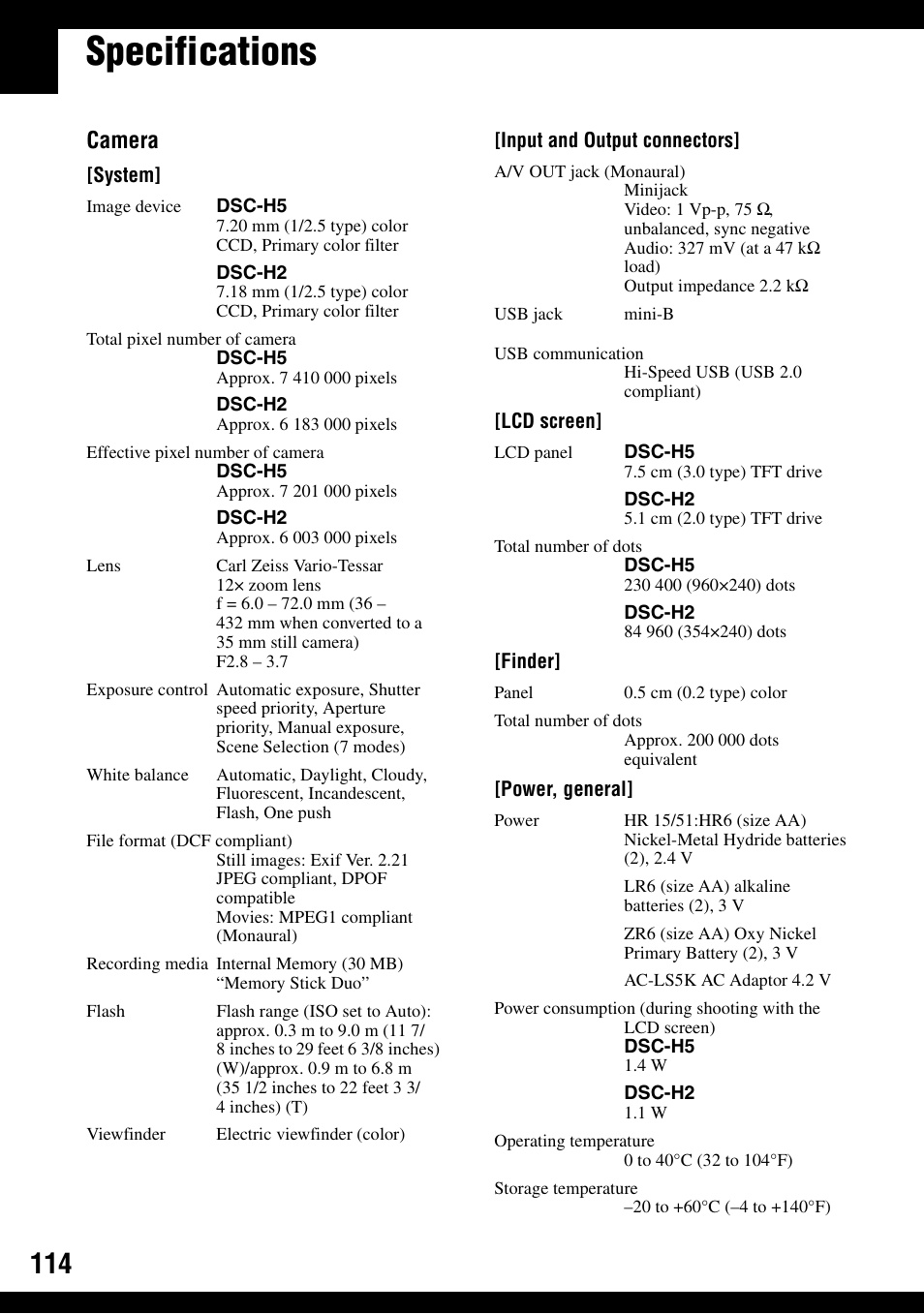 Specifications, Camera | Sony DSC-H2 User Manual | Page 114 / 123