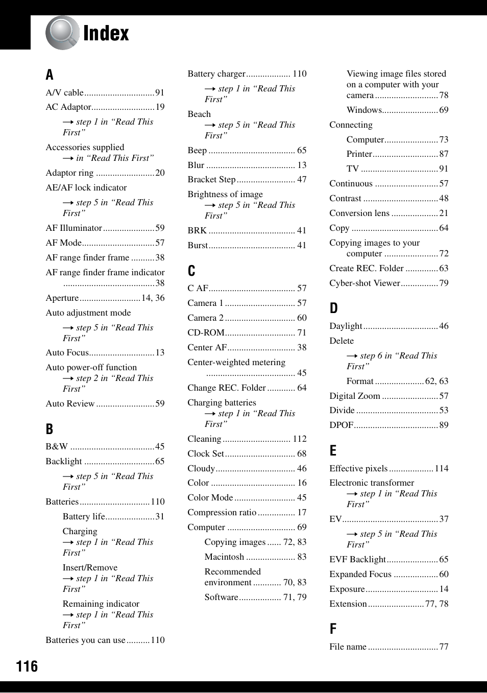 Index | Sony DSC-H2 User Manual | Page 116 / 123