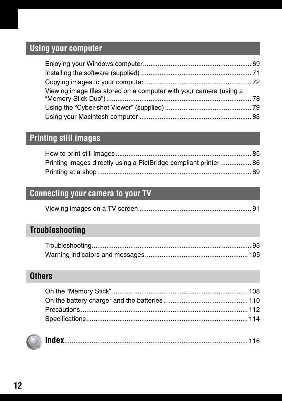 Sony DSC-H2 User Manual | Page 12 / 123