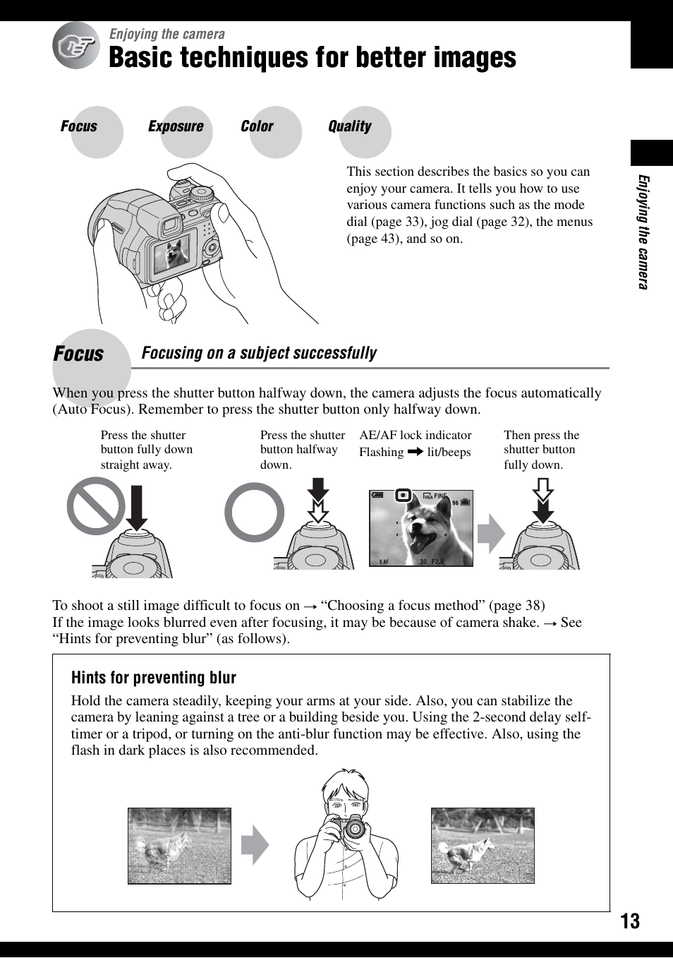 Enjoying the camera, Basic techniques for better images, Focus – focusing on a subject successfully | Focus | Sony DSC-H2 User Manual | Page 13 / 123