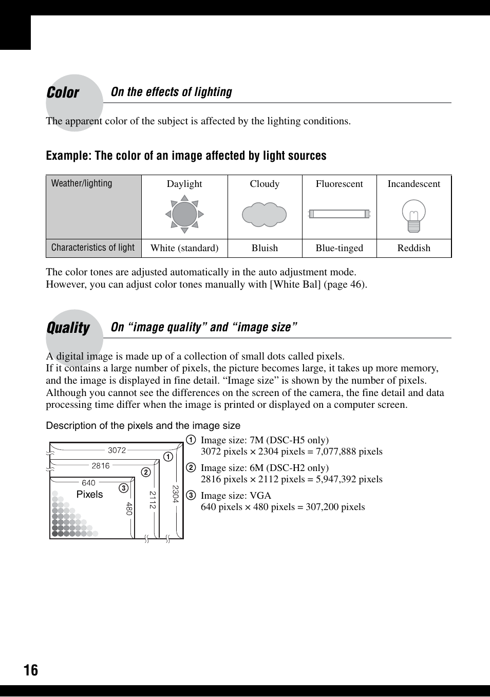 Color – on the effects of lighting quality, On “image quality” and “image size, Color | Quality | Sony DSC-H2 User Manual | Page 16 / 123