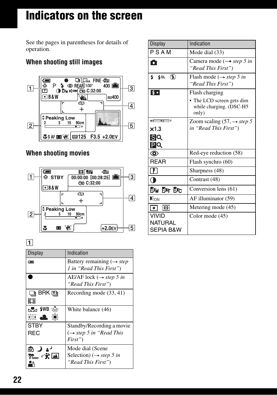 Indicators on the screen, When shooting still images when shooting movies | Sony DSC-H2 User Manual | Page 22 / 123