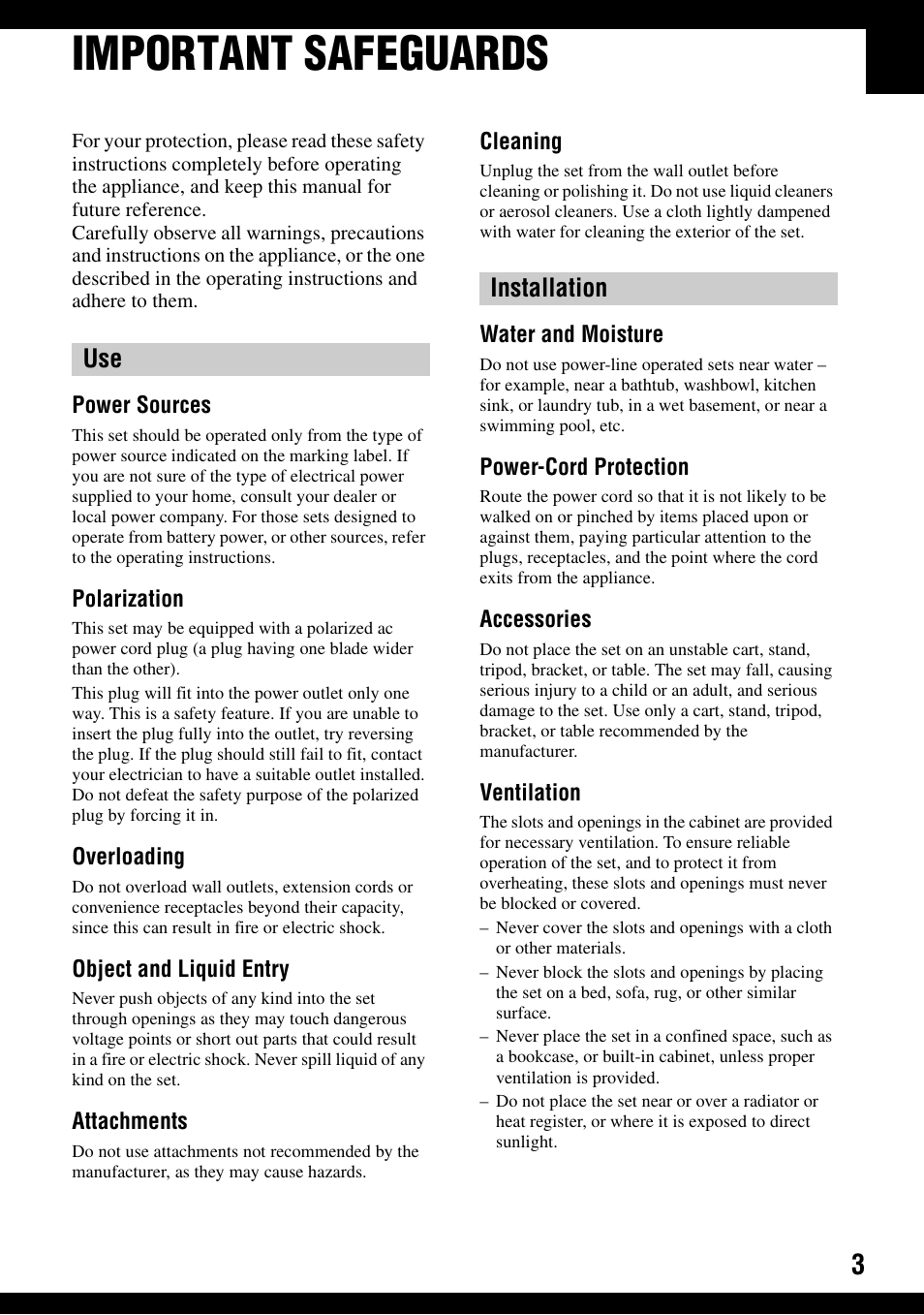 Important safeguards, Use installation | Sony DSC-H2 User Manual | Page 3 / 123