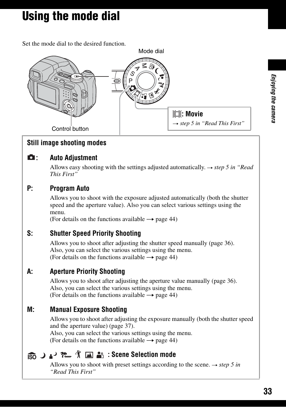 Using the mode dial, Dial (33) | Sony DSC-H2 User Manual | Page 33 / 123