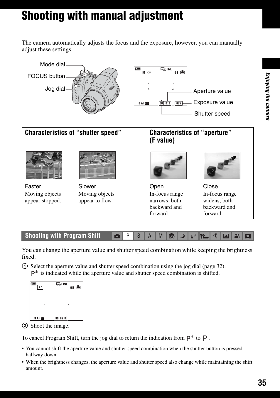 Shooting with manual adjustment | Sony DSC-H2 User Manual | Page 35 / 123