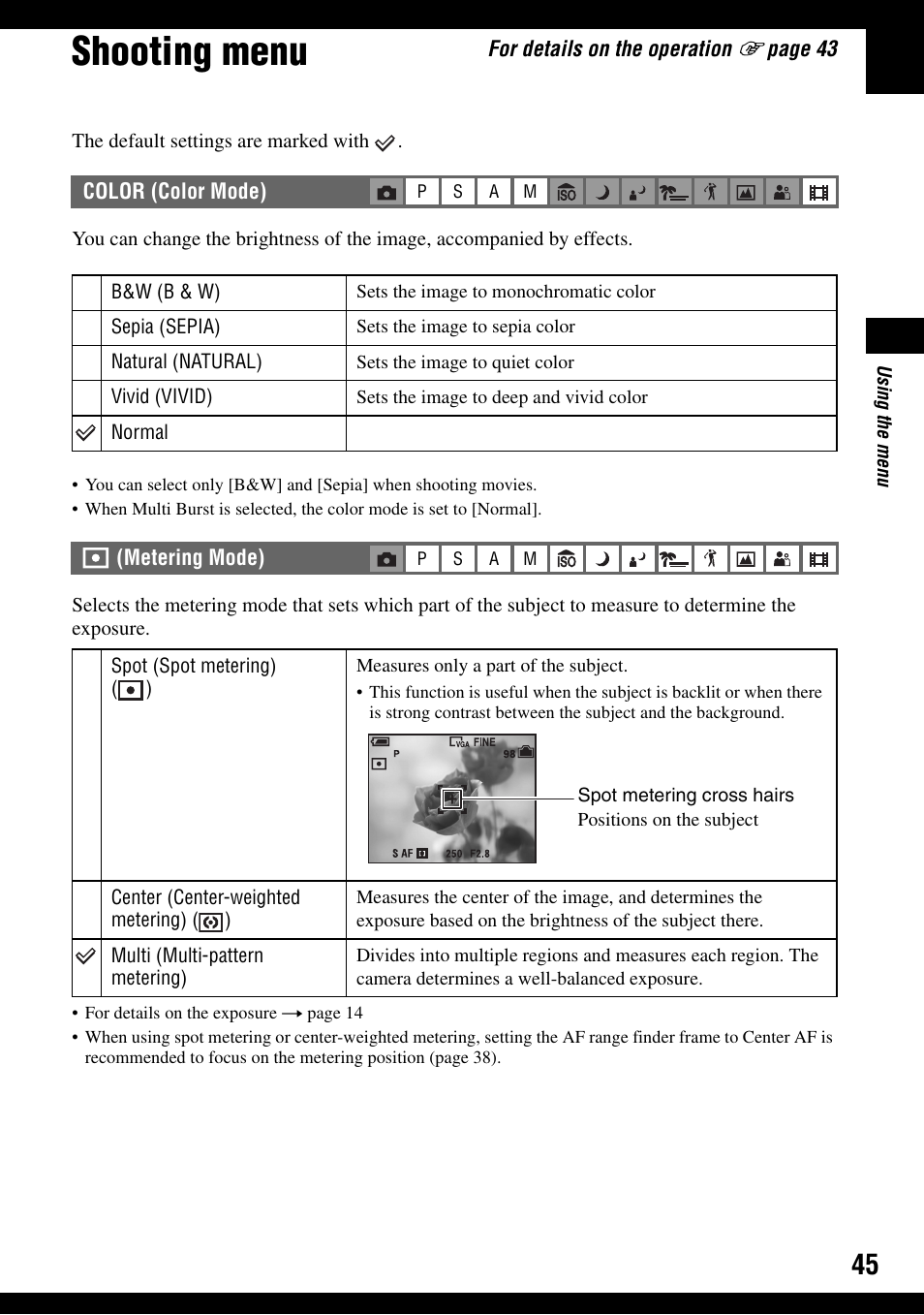 Shooting menu, Metering mode) | Sony DSC-H2 User Manual | Page 45 / 123